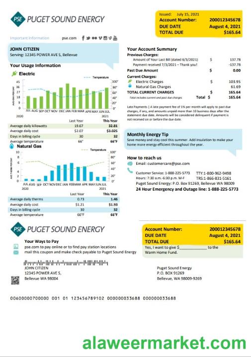USA Washington Puget Sound Energy utility bill template in Word and PDF format
